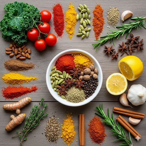 various spices with fresh ingredients