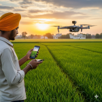 young farmer using a smartphone drone on Indian farmland