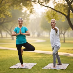 Active-Indian-elderly-couple-doing-yoga-outdoors-and-smiling