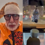 Amitabh Bachchan showing a Labubu doll