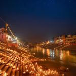 Auspicious Diwali night with diyas glowing along Saryu river in Ayodhya