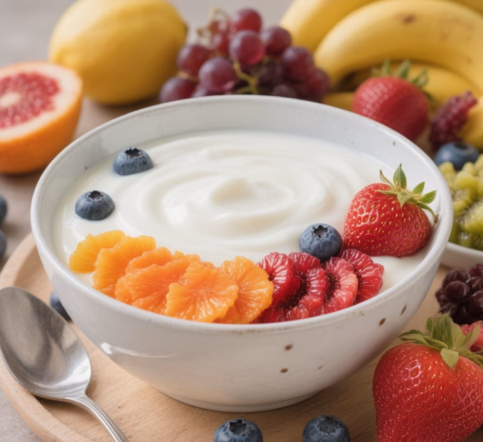 Bowl of plain yogurt with fresh fruits, symbolizing gut health and cancer prevention