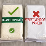 Comparative image showing branded paneer packets with green tick mark and street vendor paneer with red cross mark indicating purity test