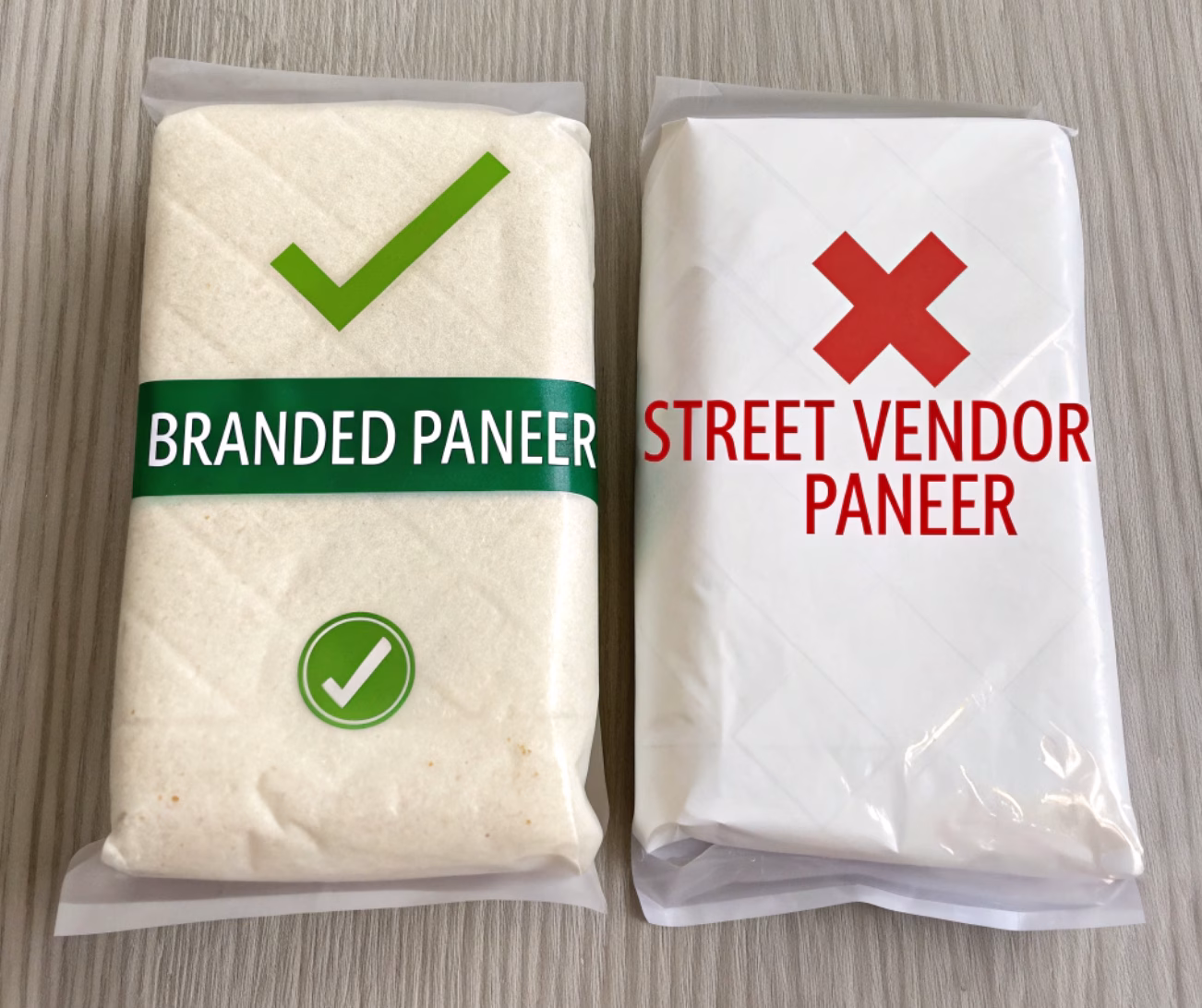 Comparative image showing branded paneer packets with green tick mark and street vendor paneer with red cross mark indicating purity test