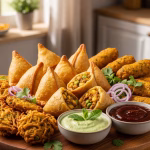 Platter of crispy air fryer Indian snacks like samosas