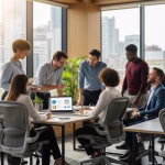 Professional office team collaborating in modern workspace