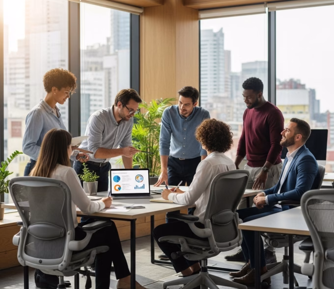 Professional office team collaborating in modern workspace