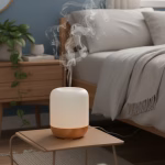Smart aroma diffuser releasing mist in a calm bedroom setting