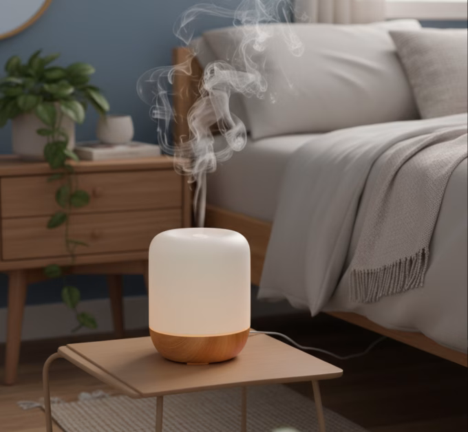 Smart aroma diffuser releasing mist in a calm bedroom setting