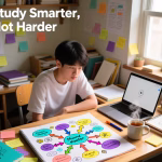 Student studying with colorful notes and mind maps