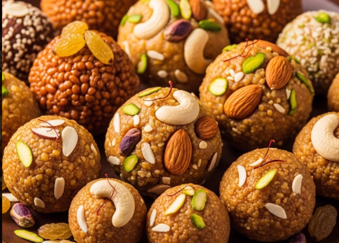 Traditional Indian sweets like laddoos made with jaggery and dry fruits