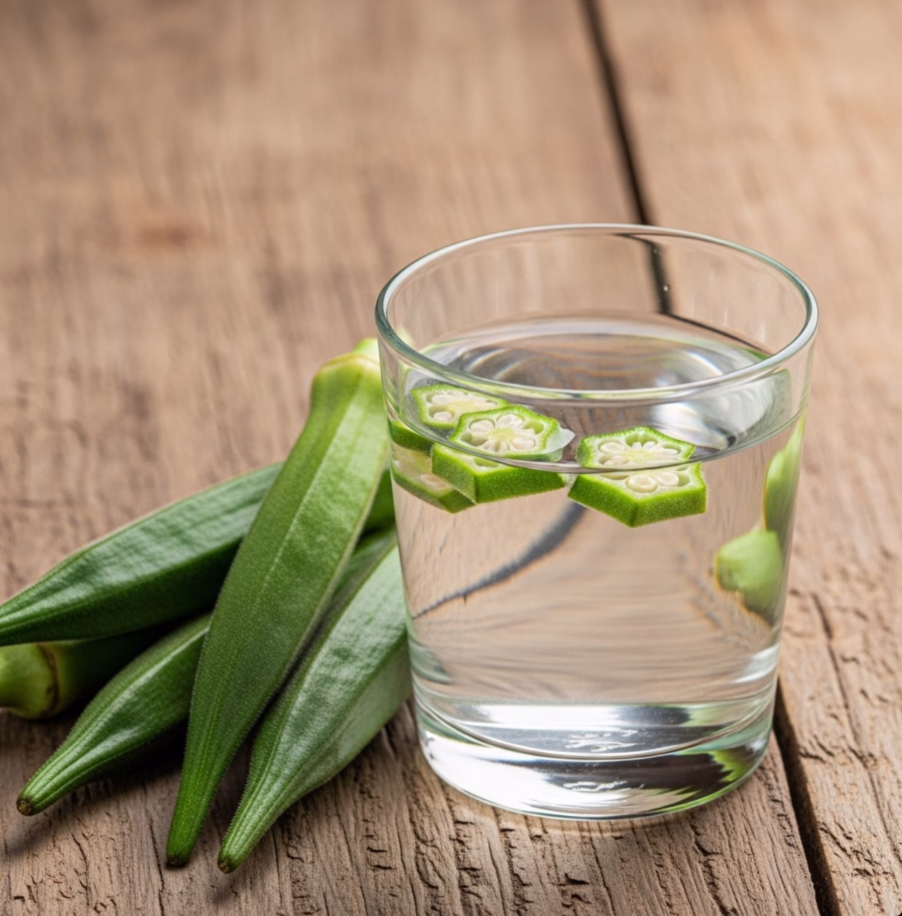 clear okra water with a few slices of okra