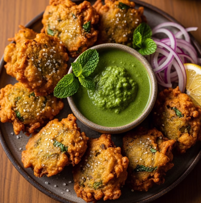 crispy pakoras with green chutney