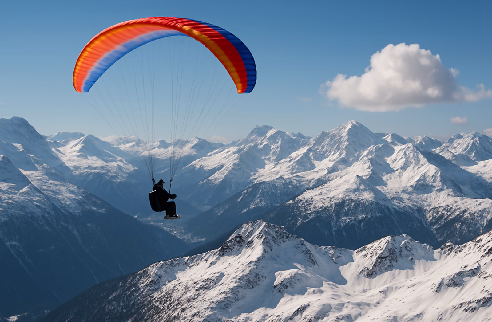paraglider soaring over the snow-capped Alps