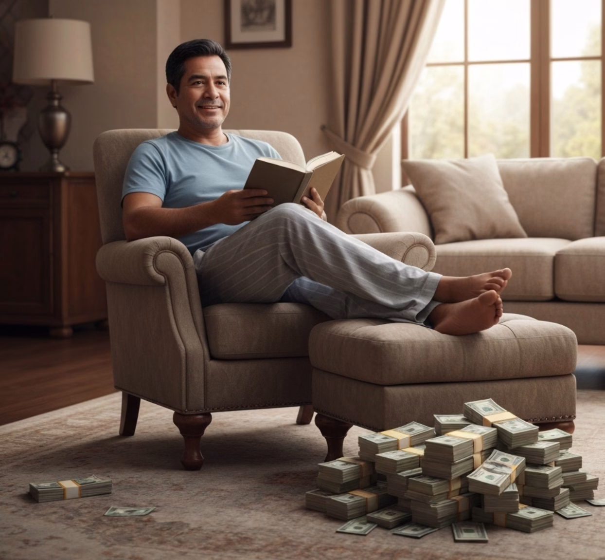 person relaxing with money