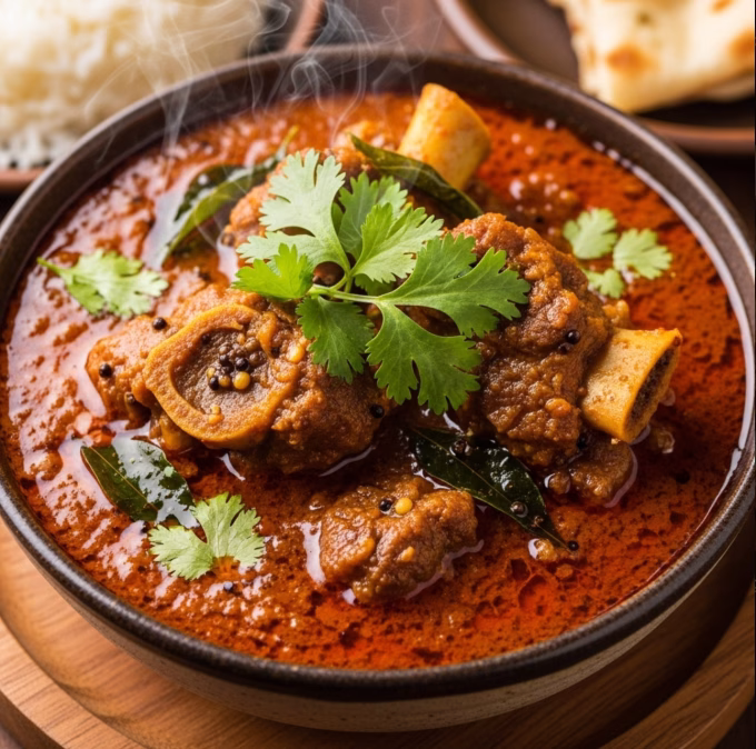 spicy Mysore mutton curry garnished with fresh coriander