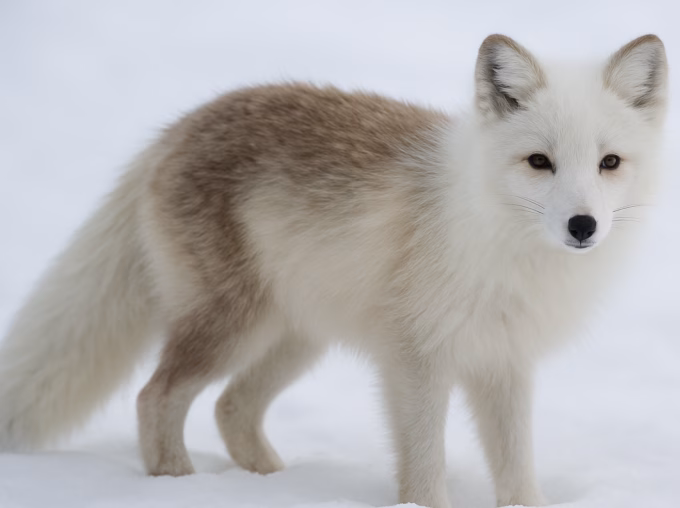 Arctic fox turning white in winter