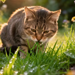 Cat eating green grass