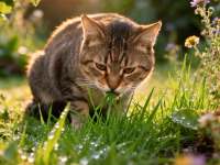 Cat eating green grass