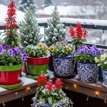 Colourful potted winter plants on balcony