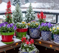 Colourful potted winter plants on balcony
