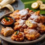 Crispy spiced Indian banana fritters on plate.