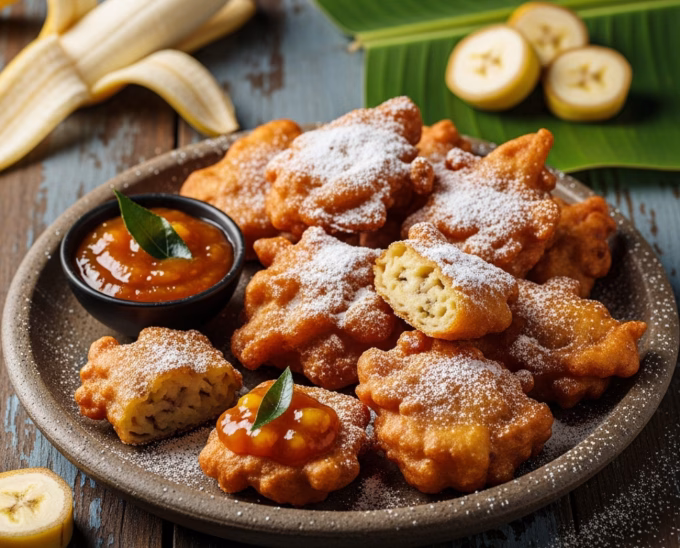 Crispy spiced Indian banana fritters on plate.