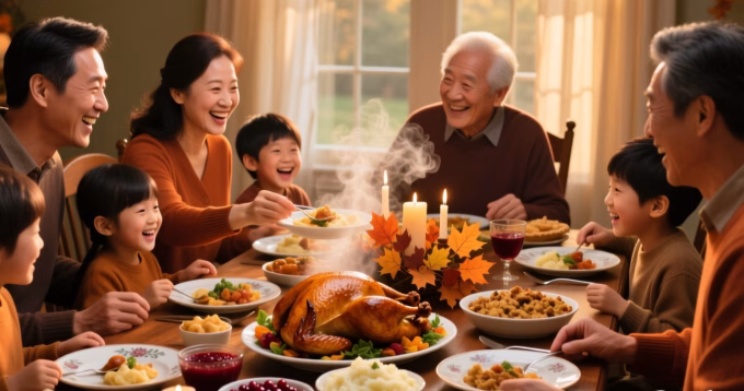 Family enjoying Thanksgiving meal