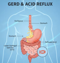 GERD and acid reflux illustration in human digestive system