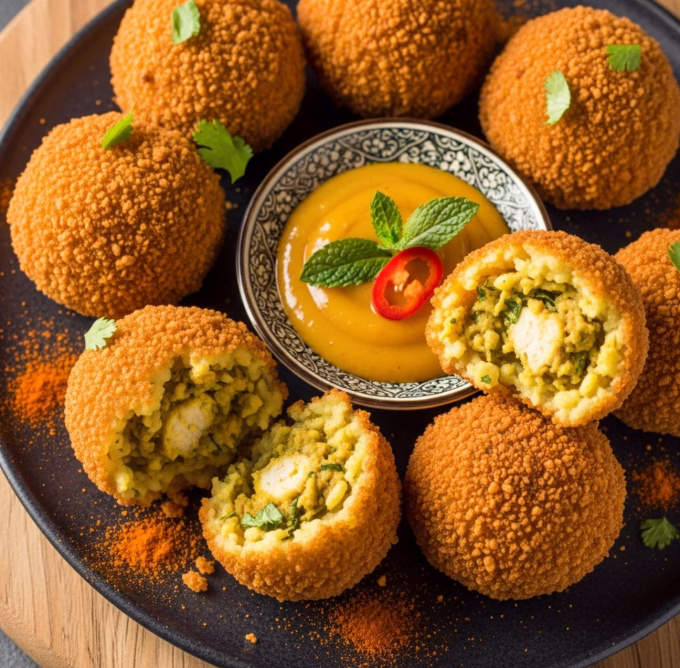 Golden crispy chicken curry rice balls