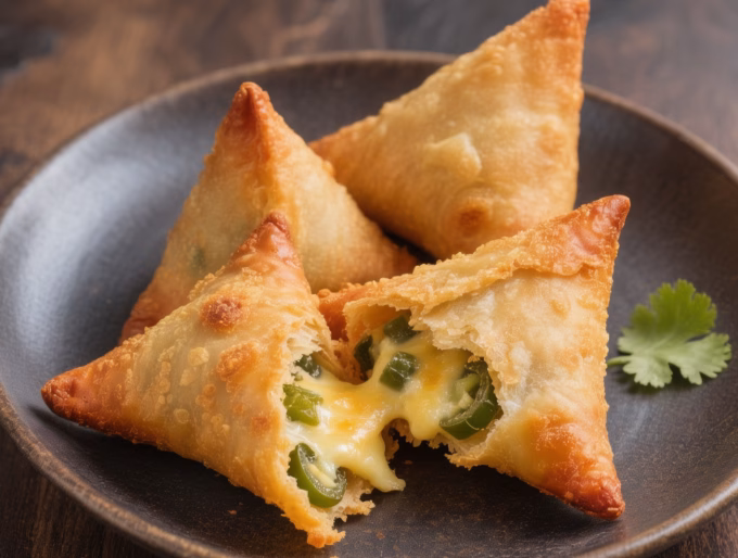 Homemade jalapeno three cheese samosas crispy and cooked