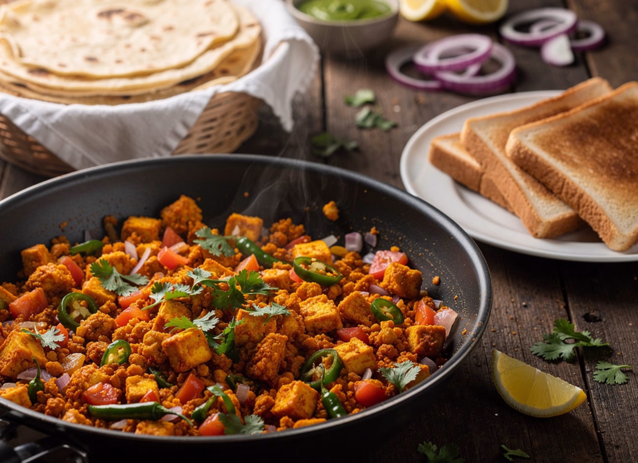 Hot paneer bhurji in pan served with bread or roti