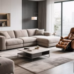 L-shaped fabric sofa and leather recliner