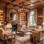 Luxurious living room interior with wooden decor