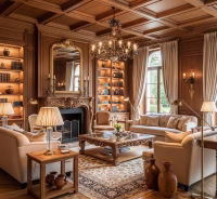 Luxurious living room interior with wooden decor