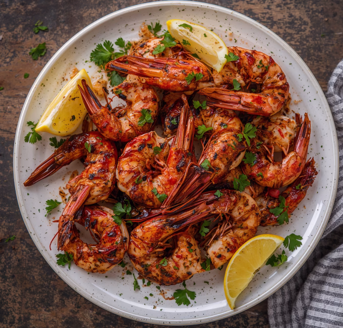 Smoky red tandoori prawns