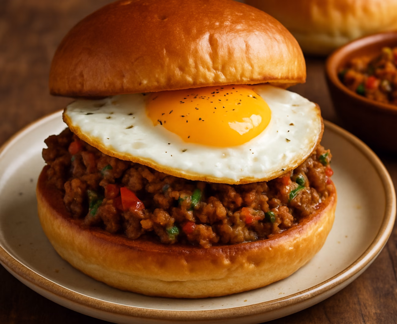 Spicy lamb keema pav burger with fried egg