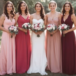Stylish bridesmaids in spring-colored dresses outdoors