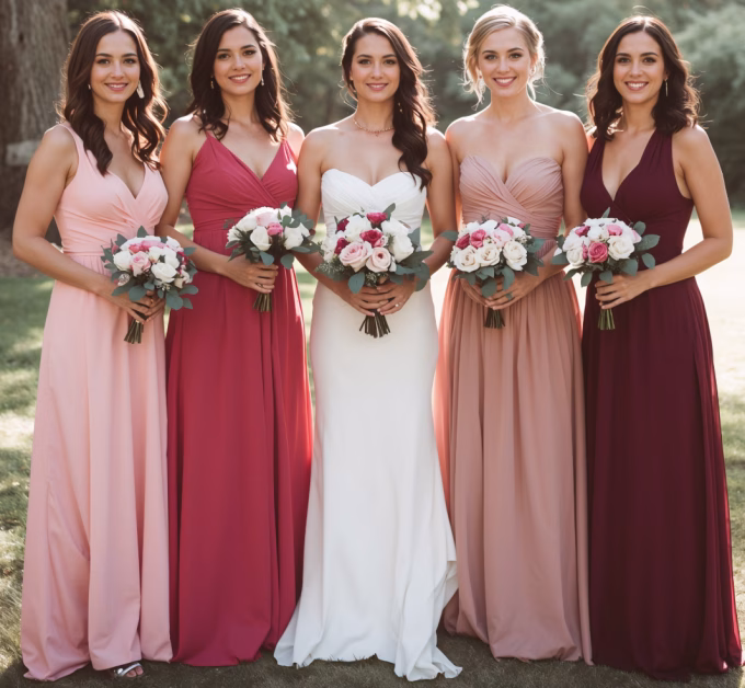 Stylish bridesmaids in spring-colored dresses outdoors