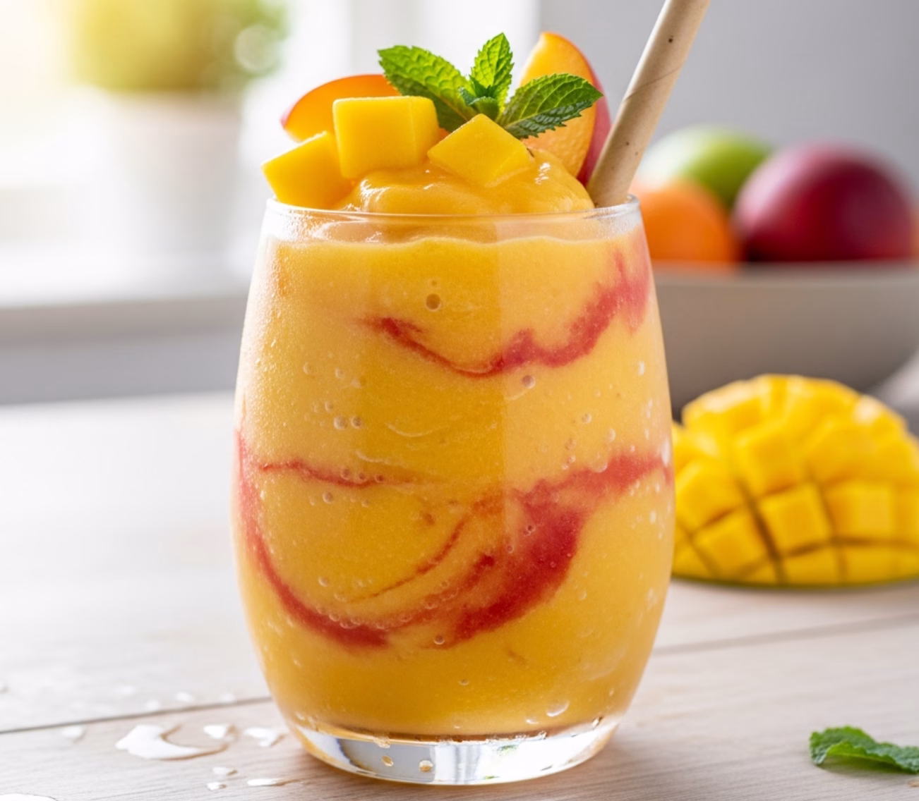 Vegan frozen peach mango smoothie