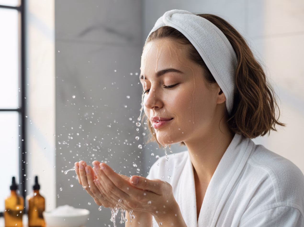 Washing face with salt water for skincare