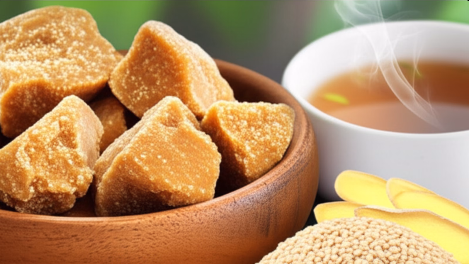 bowl of golden-brown jaggery pieces