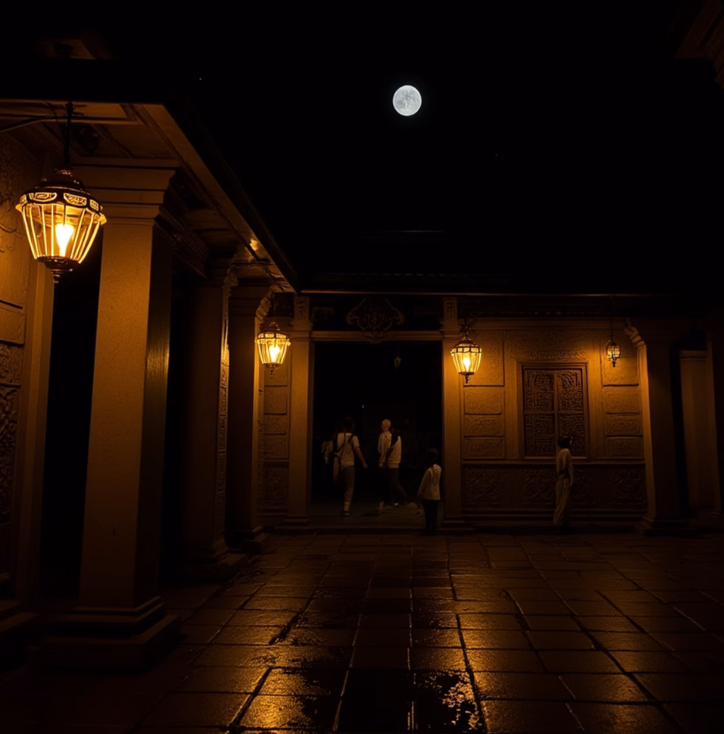 dark new moon night with temple lamps