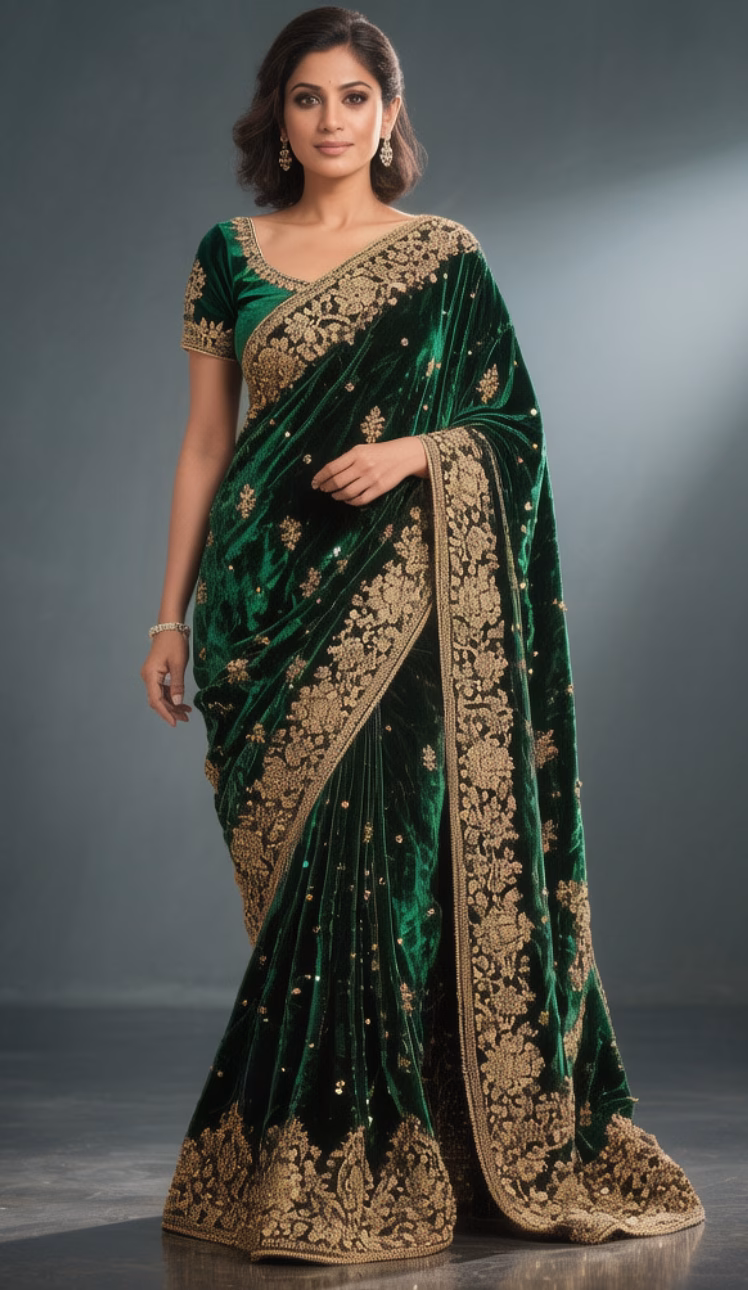 embroidered velvet saree