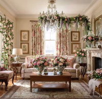 living room with elaborate floral décor