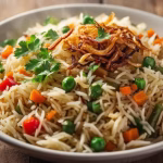 veg pulao garnished with fried onions and coriander
