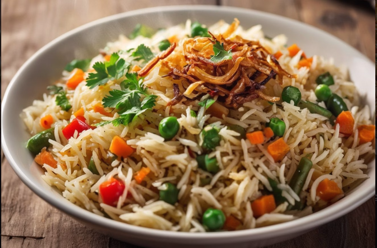 veg pulao garnished with fried onions and coriander