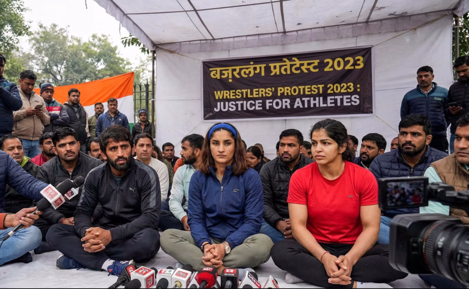Wrestlers Bajrang Punia, Vinesh Phogat, Sakshi Malik