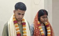 Love marriage receives social blessing; loving couple bids farewell at the temple.