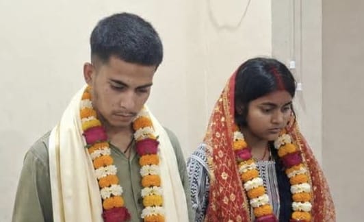 Love marriage receives social blessing; loving couple bids farewell at the temple.